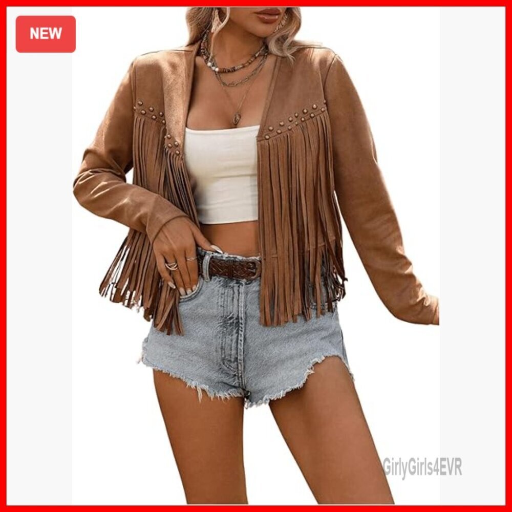 Faux Suede Fringe Trim Long Sleeve Open Front Cardigan Jacket Western